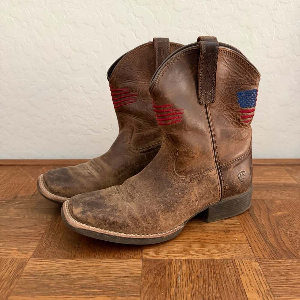 Ariat Patriot Western Boots Brown Leather Flag Square Toe US 3 Kids